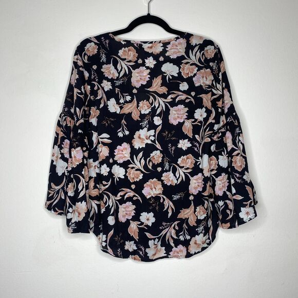 NWT Amuse Society Black Peach Pink Floral Long Bell Sleeve VNeck Boho Blouse SM - Picture 5 of 12